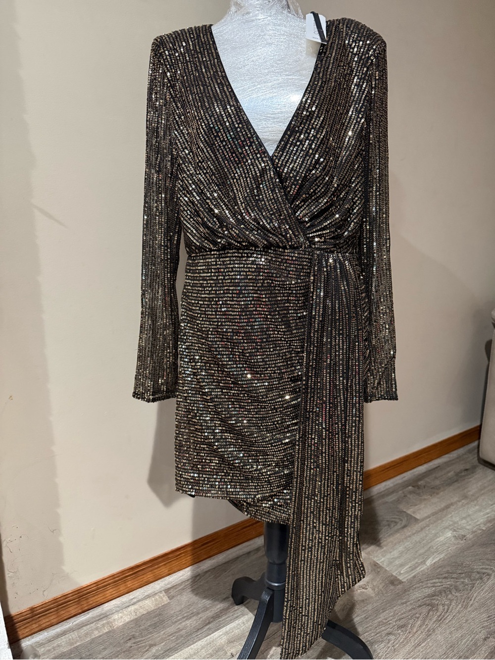 Metallic Black Sequin Wrap Mini Dress with Drape Tie